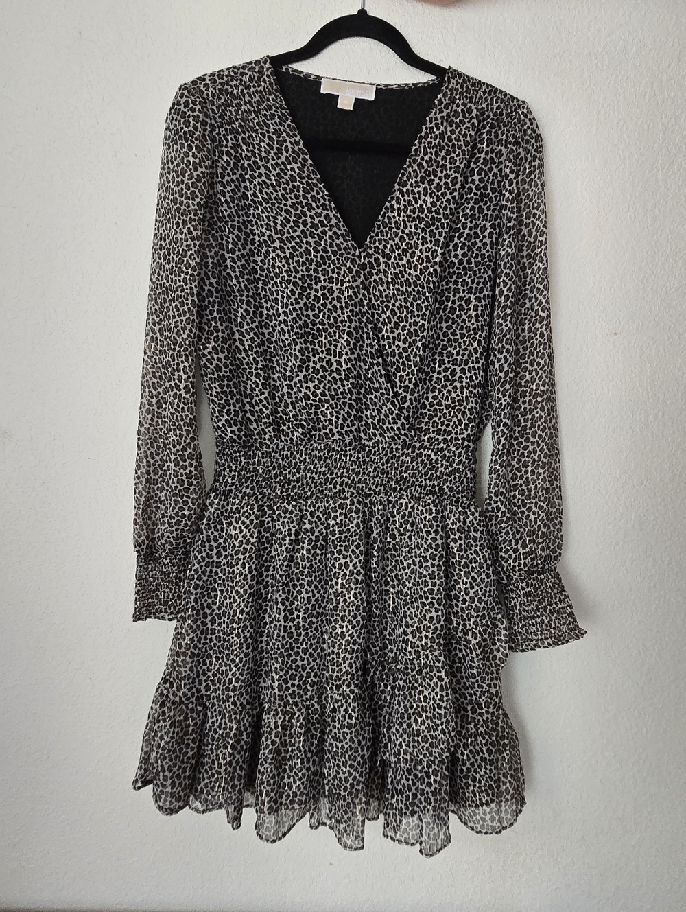 Women's Black,  Beige And Gold Leopard Print Long Sleeve  Dress